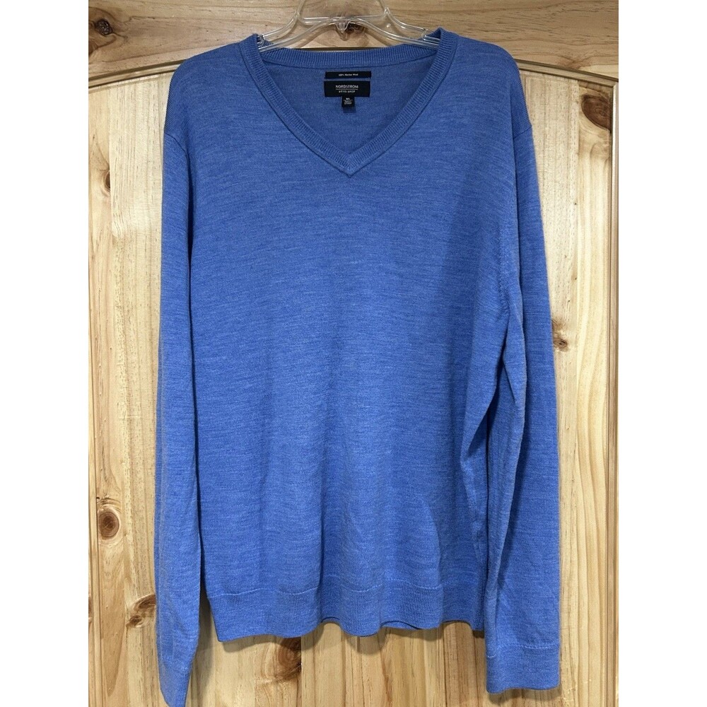 Nordstrom Men’s V Neck Long Sleeve Sweater Light Blue 100% Merino Wool Size XL